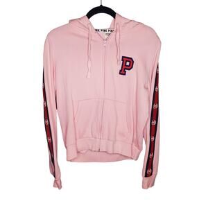 PINK Victoria's Secret Size Medium Baby Pink Varsity Stripes Full Zip Hoodie